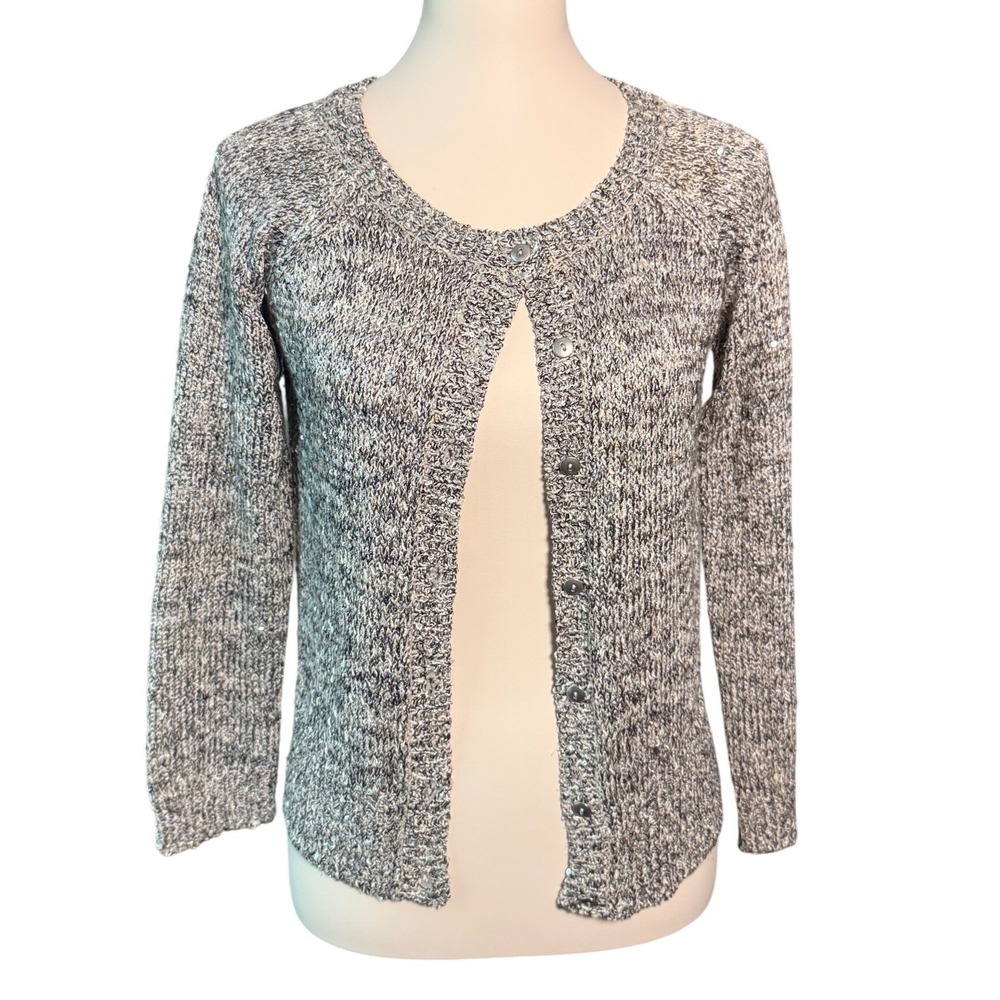 Zara Knit Womens Grey Marled Sequin Button Front Cardigan Sweater Size S